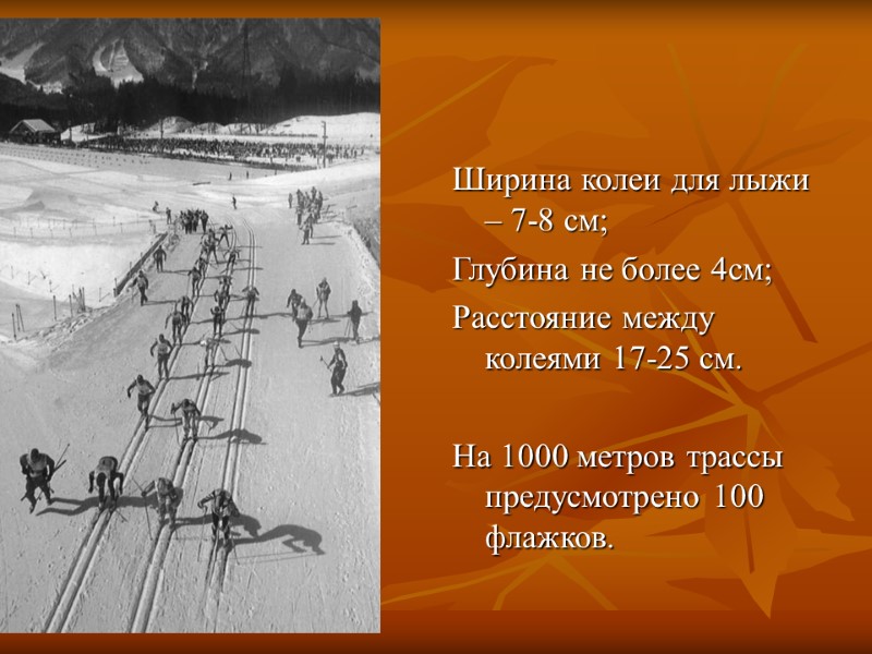 Ширина колеи для лыжи – 7-8 см; Глубина не более 4см; Расстояние между колеями